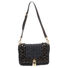 Dolce & Gabbana Black Straw Crystal Embellished Padlock Shoulder Bag