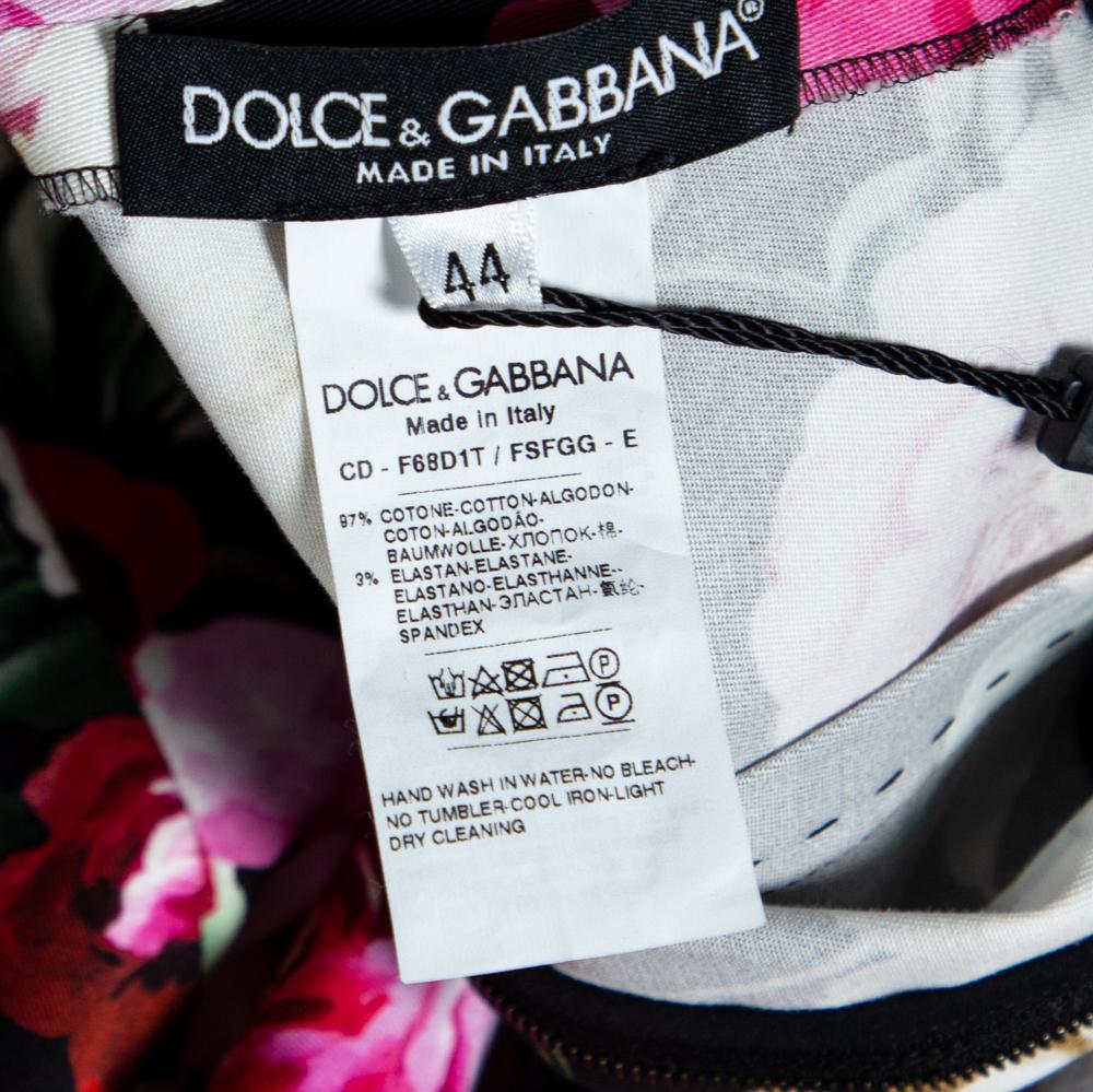 Women's Dolce & Gabbana Black Stretch Cotton Floral Print Flared Dress M