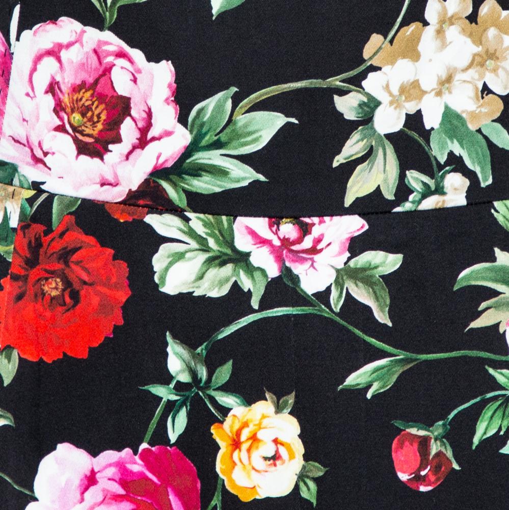 Dolce & Gabbana Black Stretch Cotton Floral Print Flared Dress M 1