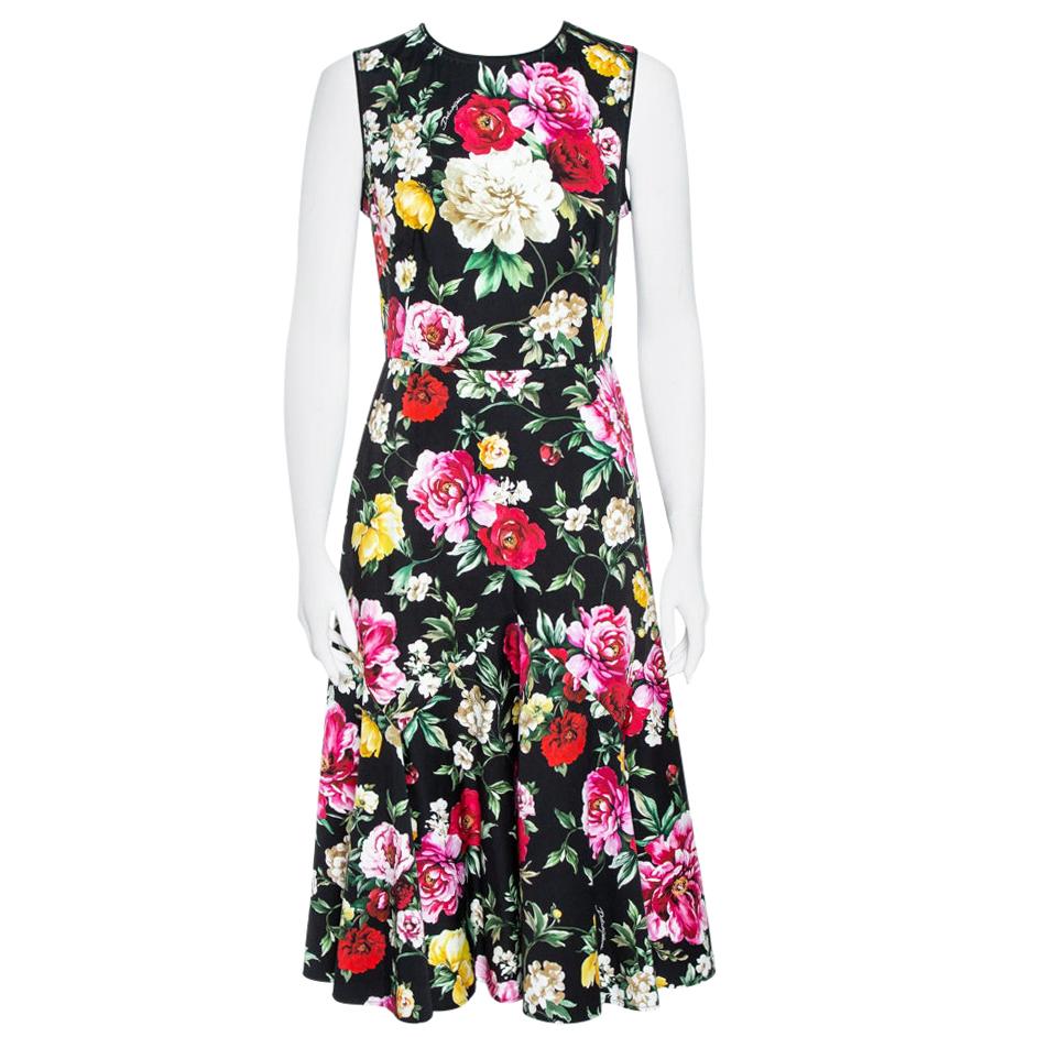 Dolce & Gabbana Black Stretch Cotton Floral Print Flared Dress M