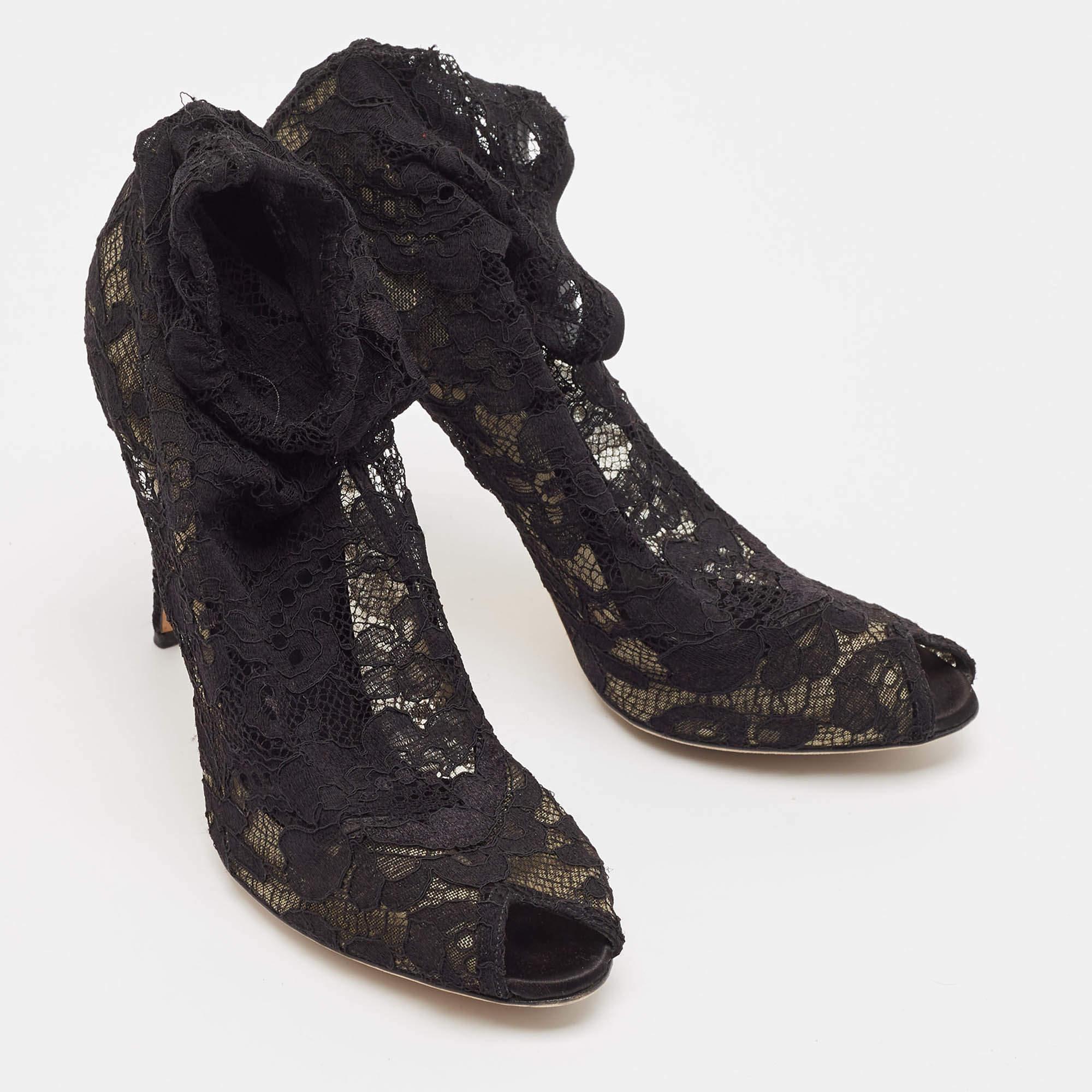 Women's Dolce & Gabbana Black Stretch Lace Open Toe Ankle Booties Size 39.5