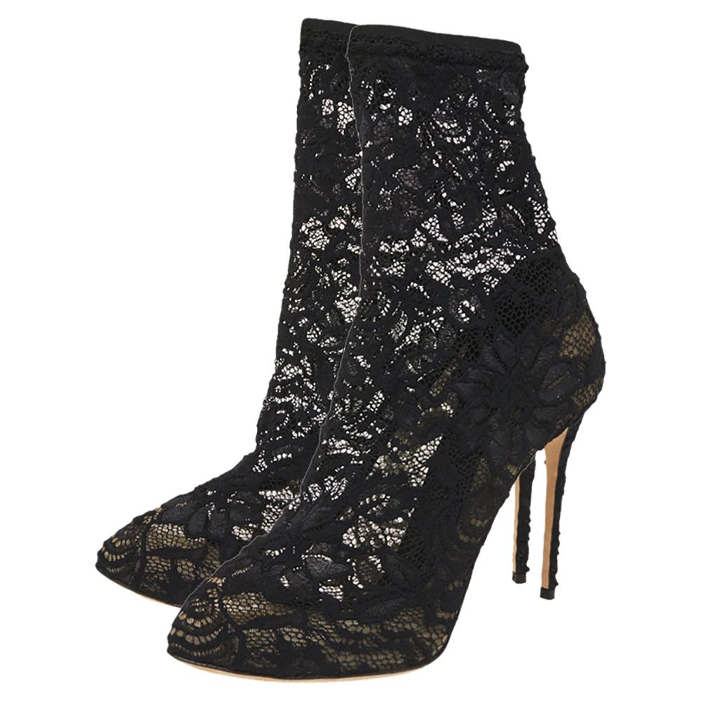 Dolce & Gabbana Black Stretch Lace Pointed Toe Ankle Booties Size 40.5 3