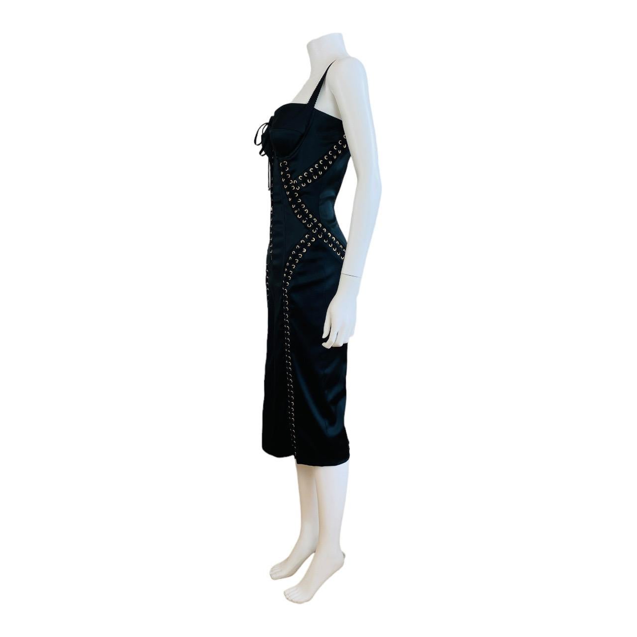 Dolce + Gabbana Black Stretch Silk Corset Lace Up Bustier Dress Gold 2019 For Sale 6