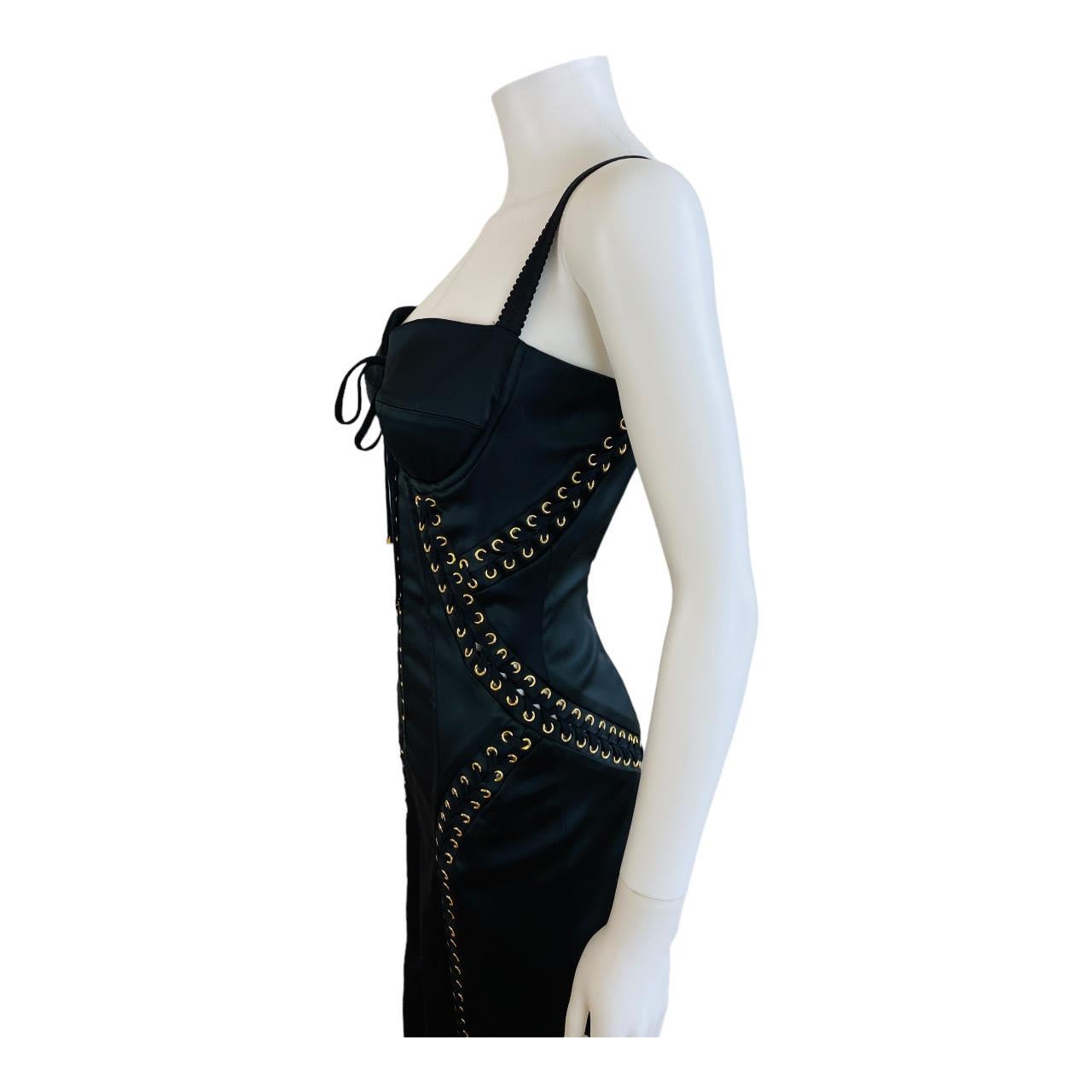 Dolce + Gabbana Black Stretch Silk Corset Lace Up Bustier Dress Gold 2019 For Sale 7