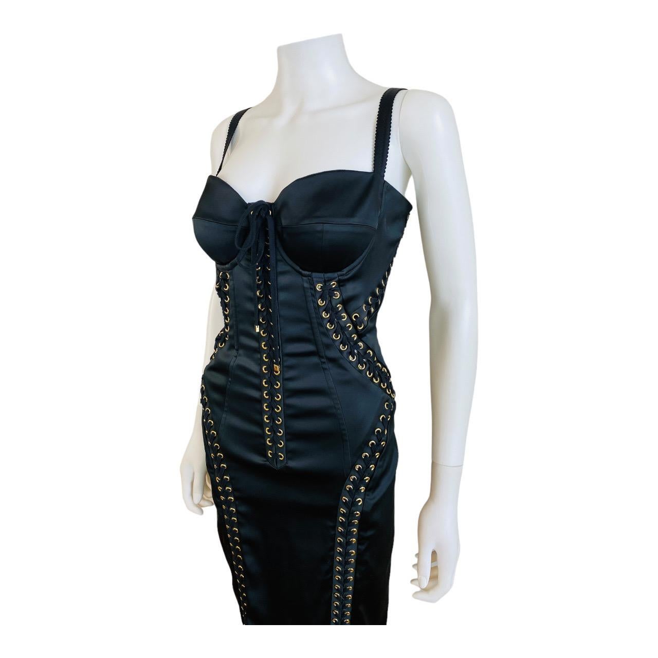 Dolce + Gabbana Black Stretch Silk Corset Lace Up Bustier Dress Gold 2019 For Sale 3