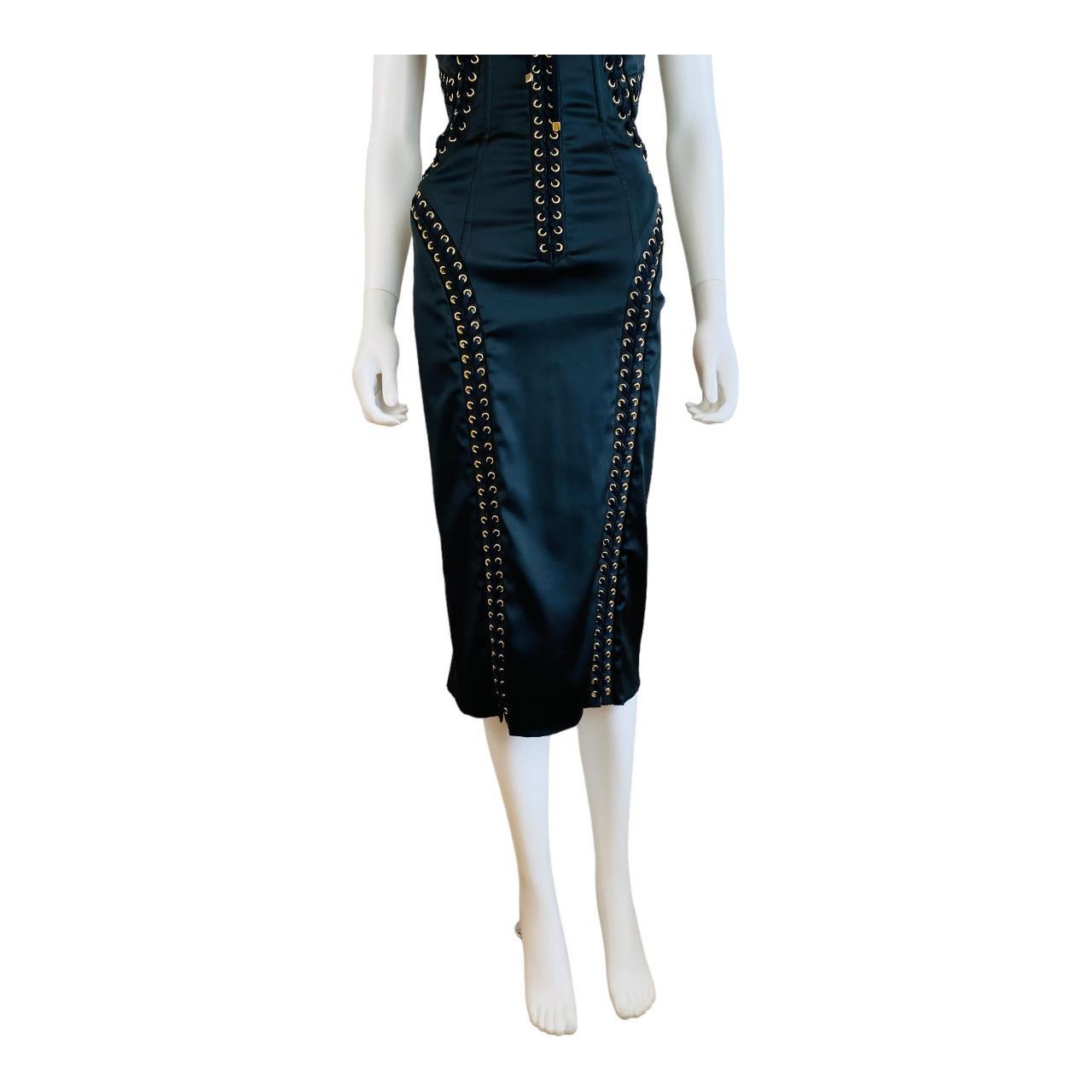 Dolce + Gabbana Black Stretch Silk Corset Lace Up Bustier Dress Gold 2019 For Sale 5