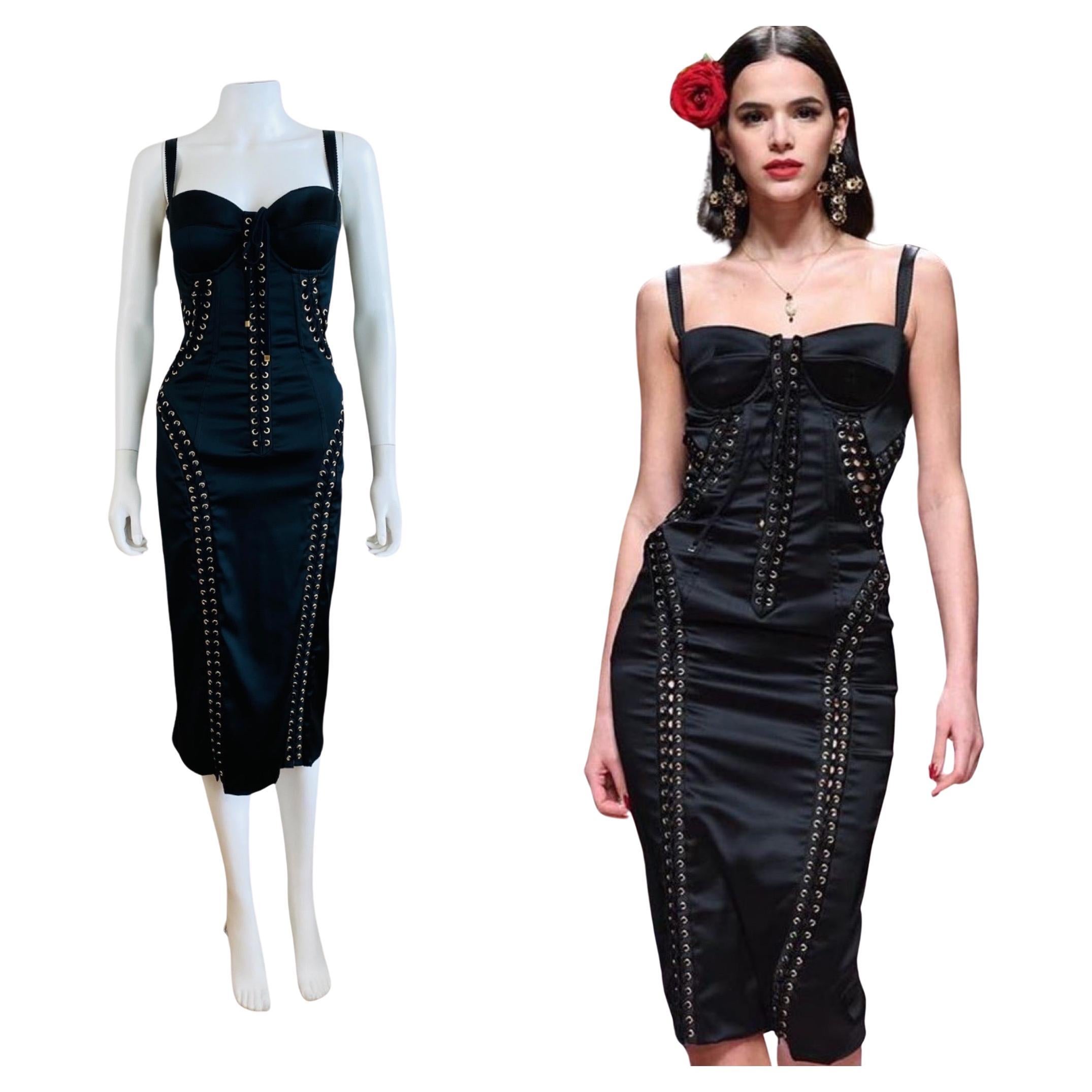 Dolce + Gabbana Black Stretch Silk Corset Lace Up Bustier Dress Gold 2019 For Sale