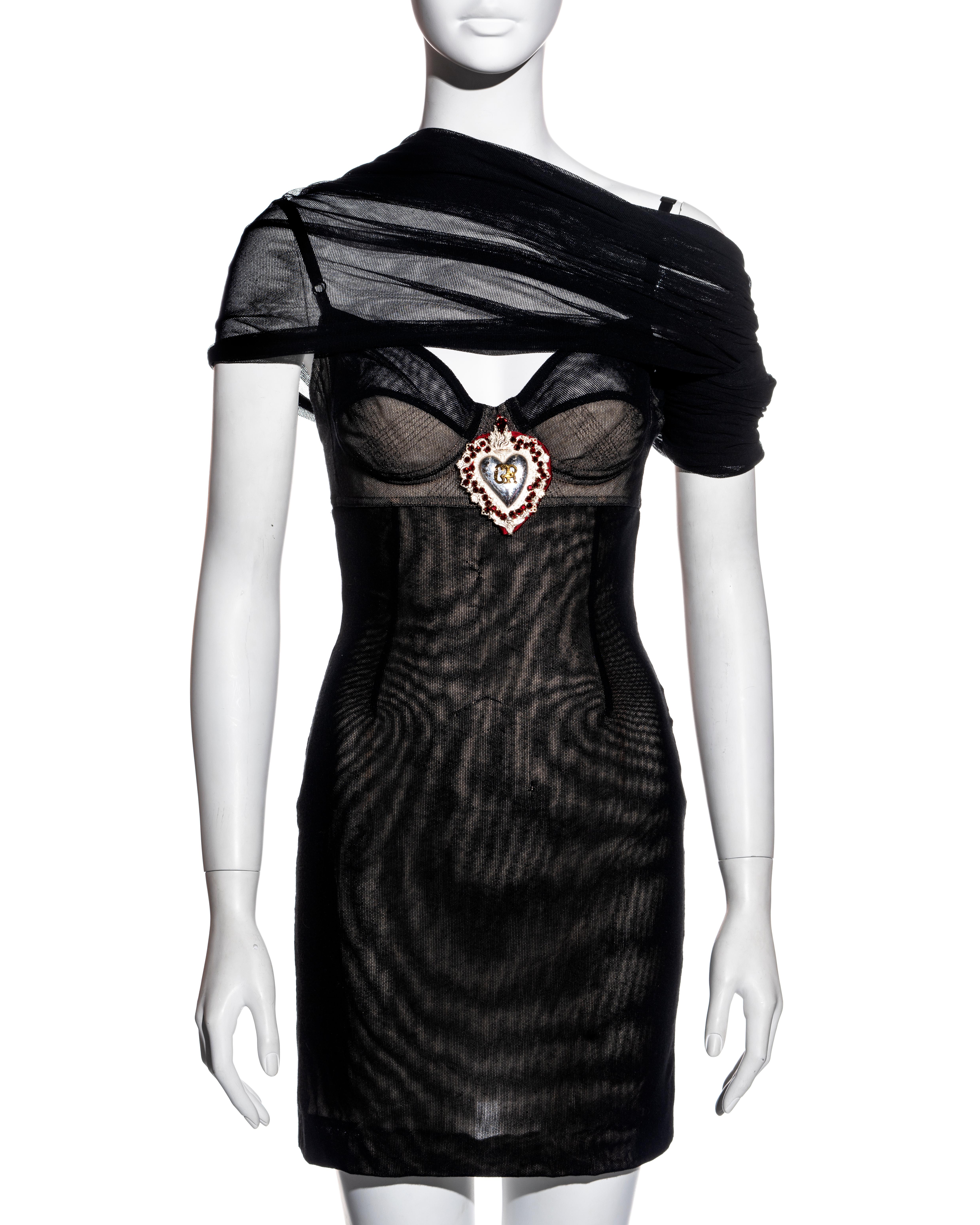 Dolce & Gabbana black stretch tulle corseted mini dress with veil, ss 1998 In Good Condition In London, GB