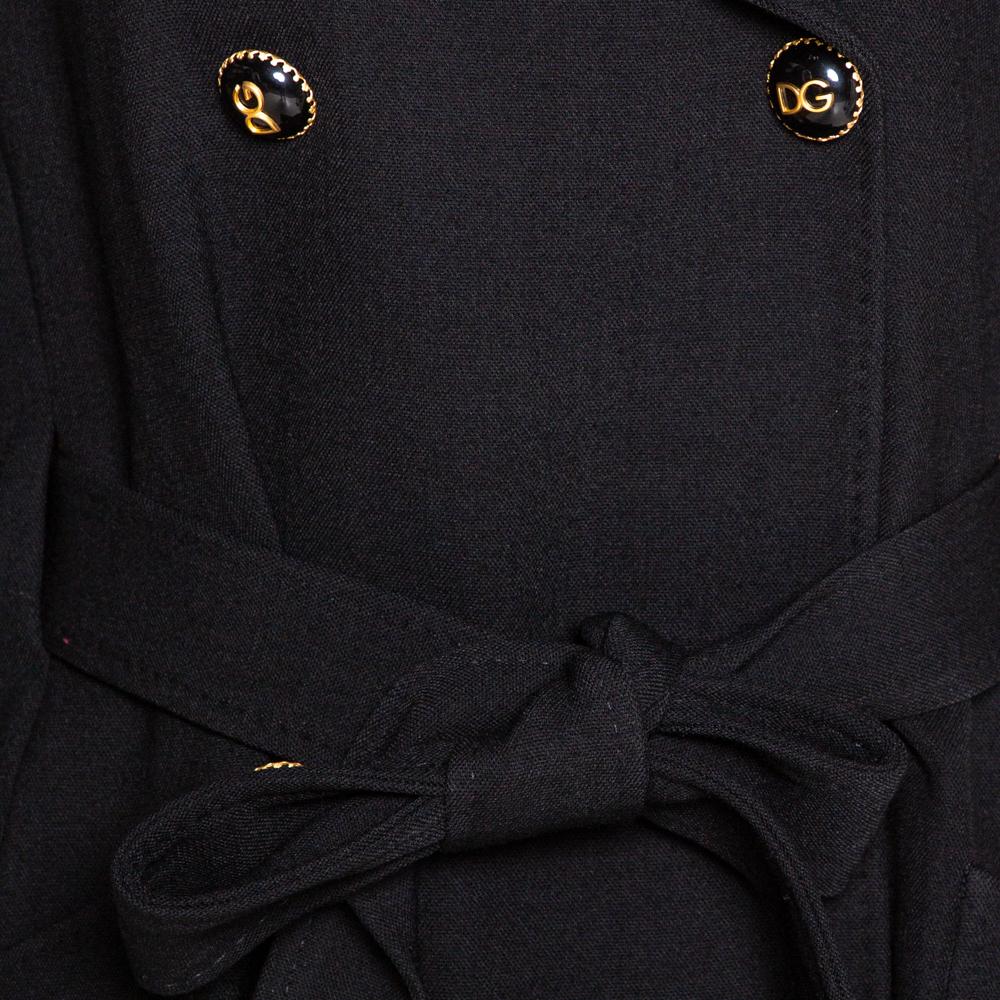Women's Dolce & Gabbana Black Stretch Wool Basketweave Pea Double Breasted Coat IT 42