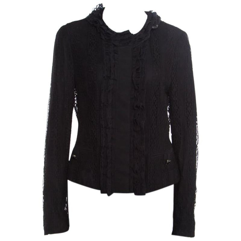 Dolce & Gabbana Black Striped Lace Ruffle Trim Button Front Jacket M