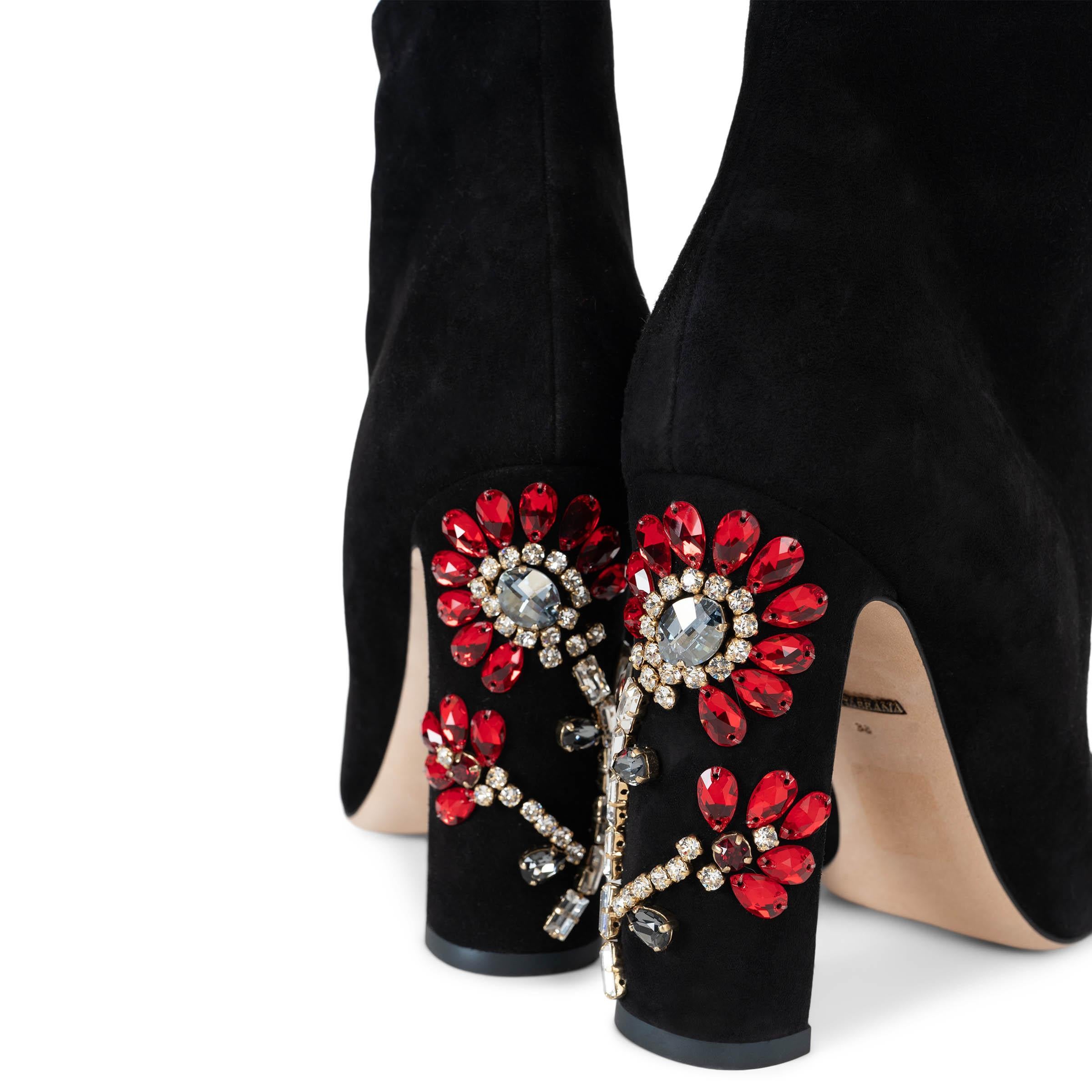 DOLCE & GABBANA camoscio nero 2016 CRYSTAL FLOWER BOOTIES Stivali Scarpe 38 in vendita 1