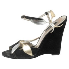 Dolce & Gabbana Black Suede and Leaf Applique Leather Wedge Sandals Size 39