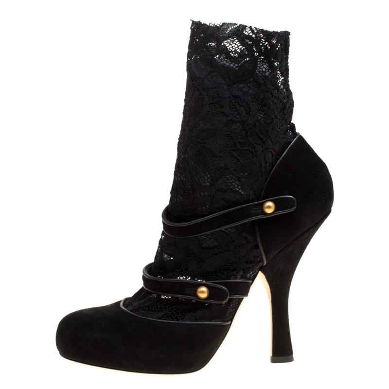 These showstopping pumps are constructed of brushed suede. They come with an attached delicate lace stocking and a stretch elastic opening. It has a round closed toe along with a pair of high heels and also an ankle strap with buckle closure. It is