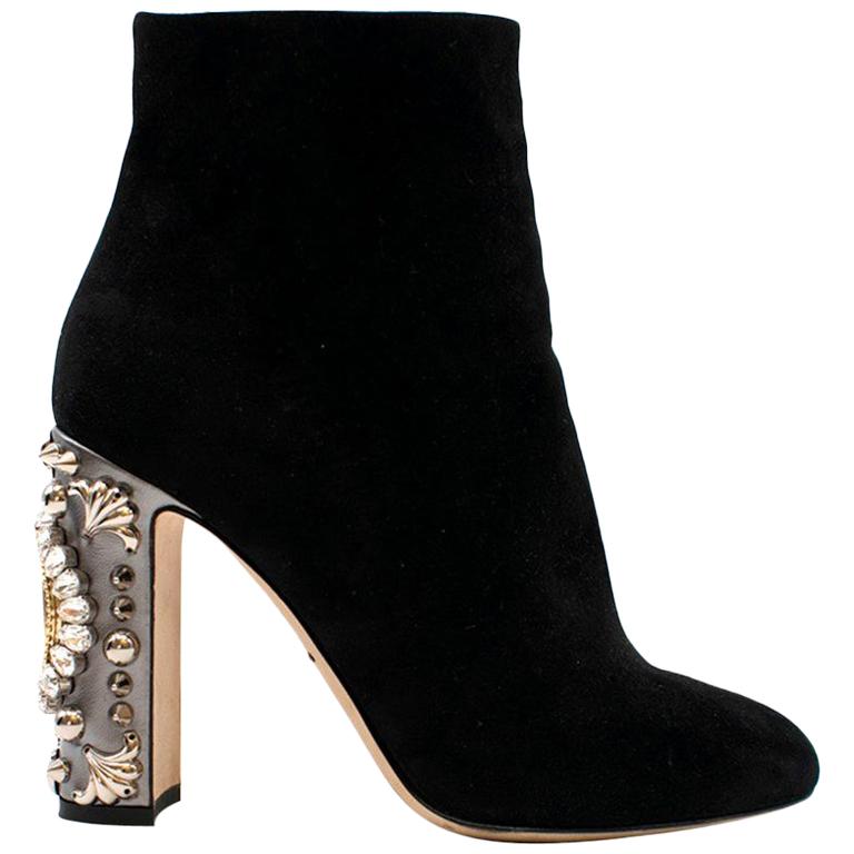 Dolce & Gabbana Black Suede Clock Embellished Heel Ankle Boots SIZE 37.5