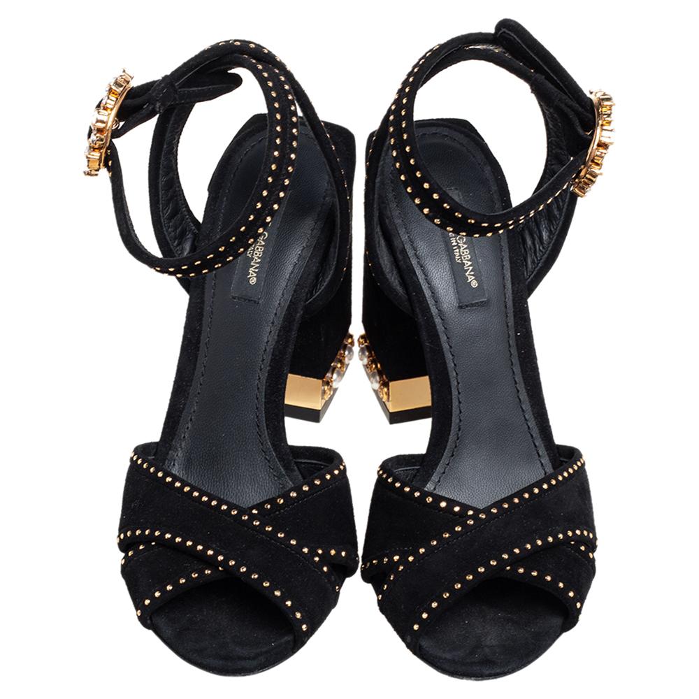 Dolce & Gabbana Black Suede Crystal Embellished Block Heel Sandals Size 36 In Good Condition In Dubai, Al Qouz 2