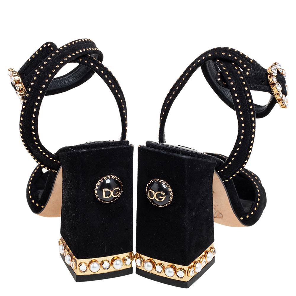 Women's Dolce & Gabbana Black Suede Crystal Embellished Block Heel Sandals Size 36