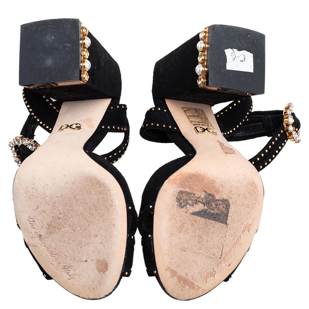 Dolce & Gabbana Black Suede Crystal Embellished Block Heel Sandals Size 36 2