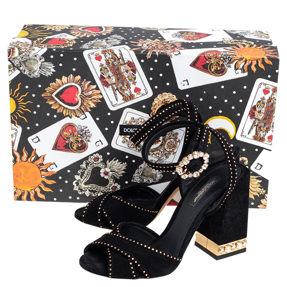 Dolce & Gabbana Black Suede Crystal Embellished Block Heel Sandals Size 36 3
