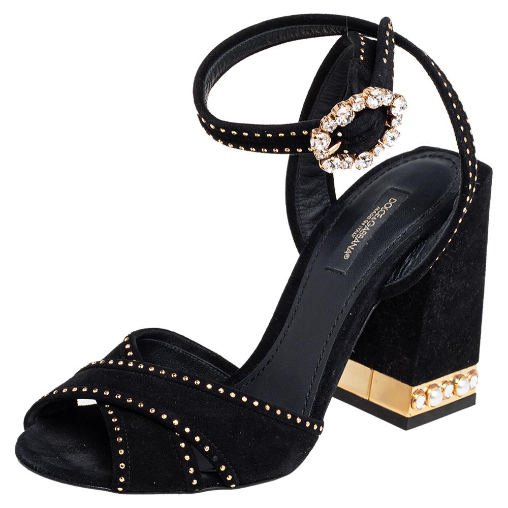 Dolce & Gabbana Black Suede Crystal Embellished Block Heel Sandals Size 36