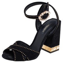 Dolce & Gabbana Black Suede Crystal Embellished Block Heel Sandals Size 36