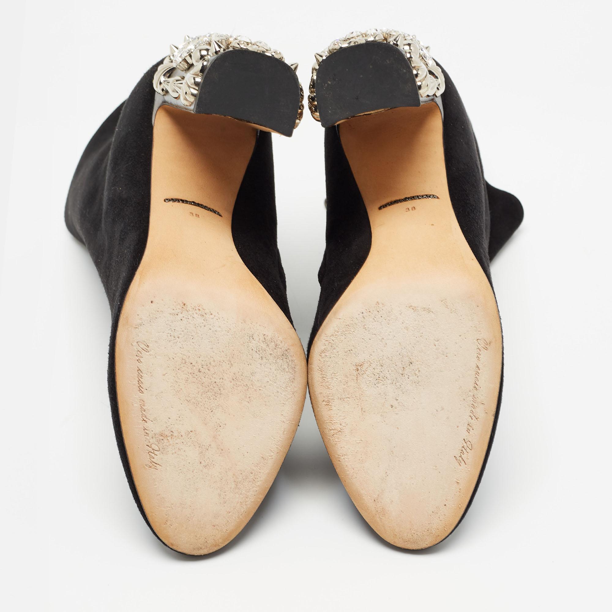 Women's Dolce & Gabbana Black Suede Crystal Embellished Clock Heel Ankle Boots Size 38 For Sale