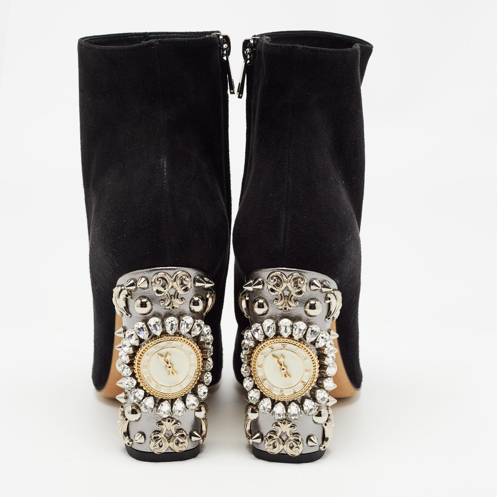 Dolce & Gabbana Black Suede Crystal Embellished Clock Heel Ankle Boots Size 38 For Sale 4