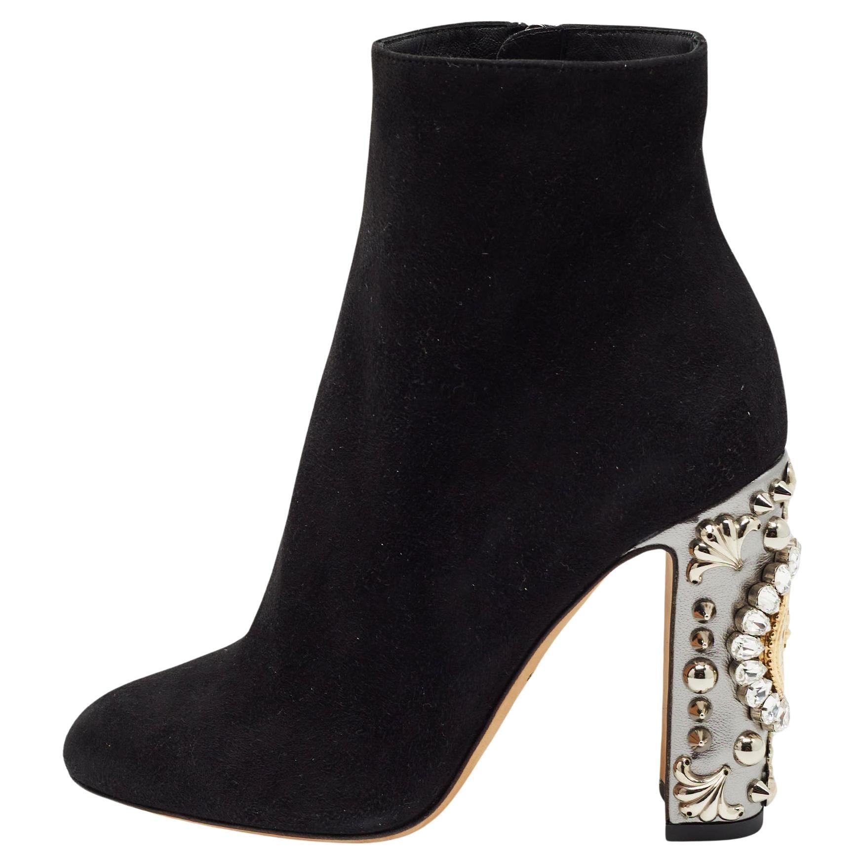 Dolce & Gabbana Black Suede Crystal Embellished Clock Heel Ankle Boots Size 38 For Sale