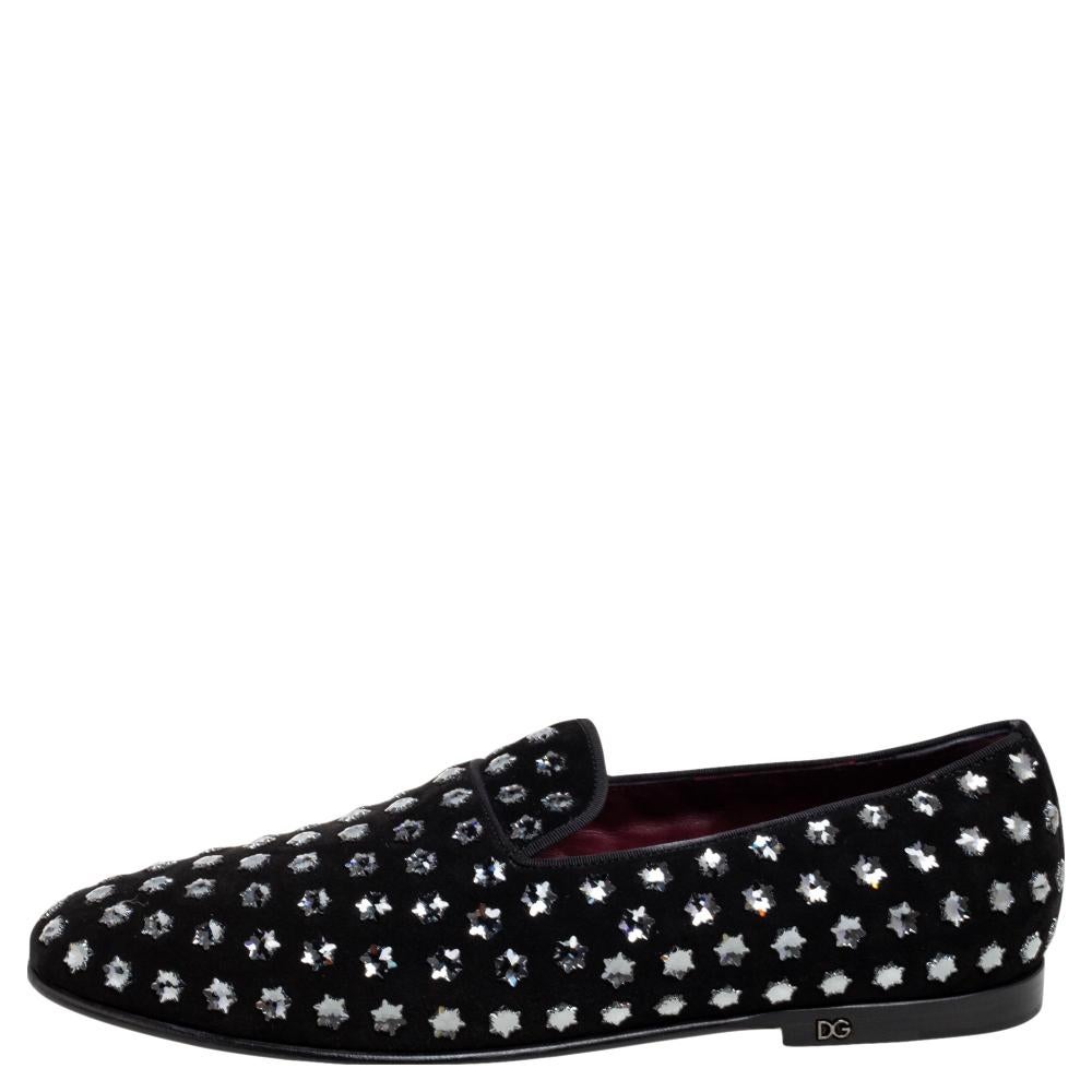 Dolce & Gabbana Black Suede Crystal Embellished Slip On Loafers Size 42 1