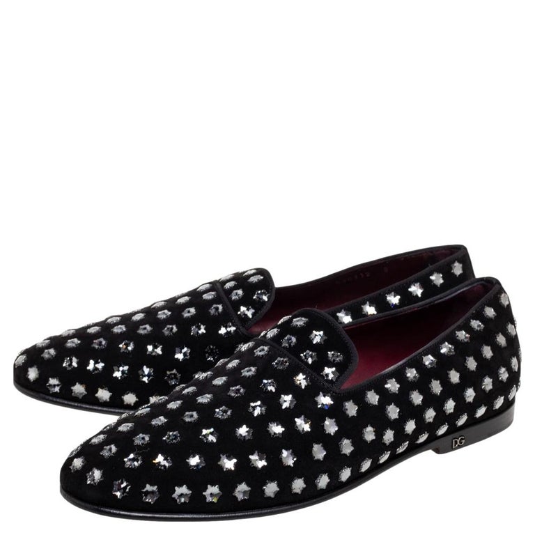 Dolce and Gabbana Black Suede Crystal Embellished Slip On Loafers Size 42  For Sale at 1stDibs