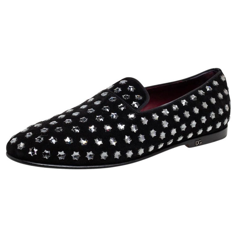 Dolce and Gabbana Black Suede Crystal Embellished Slip On Loafers Size ...
