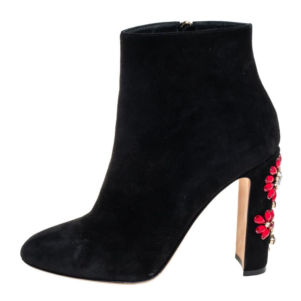 Women's Dolce & Gabbana Black Suede Embellished Heel Ankle Boots Size 40