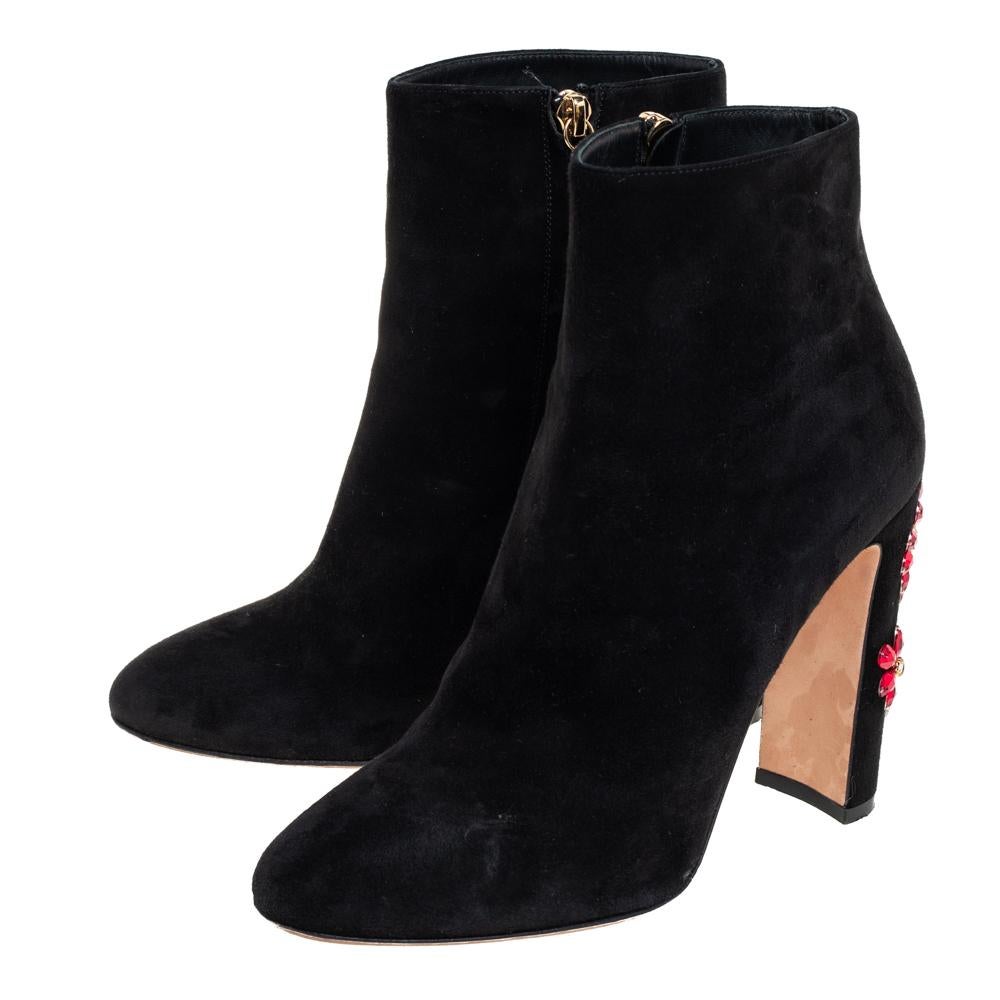 Dolce & Gabbana Black Suede Embellished Heel Ankle Boots Size 40 2