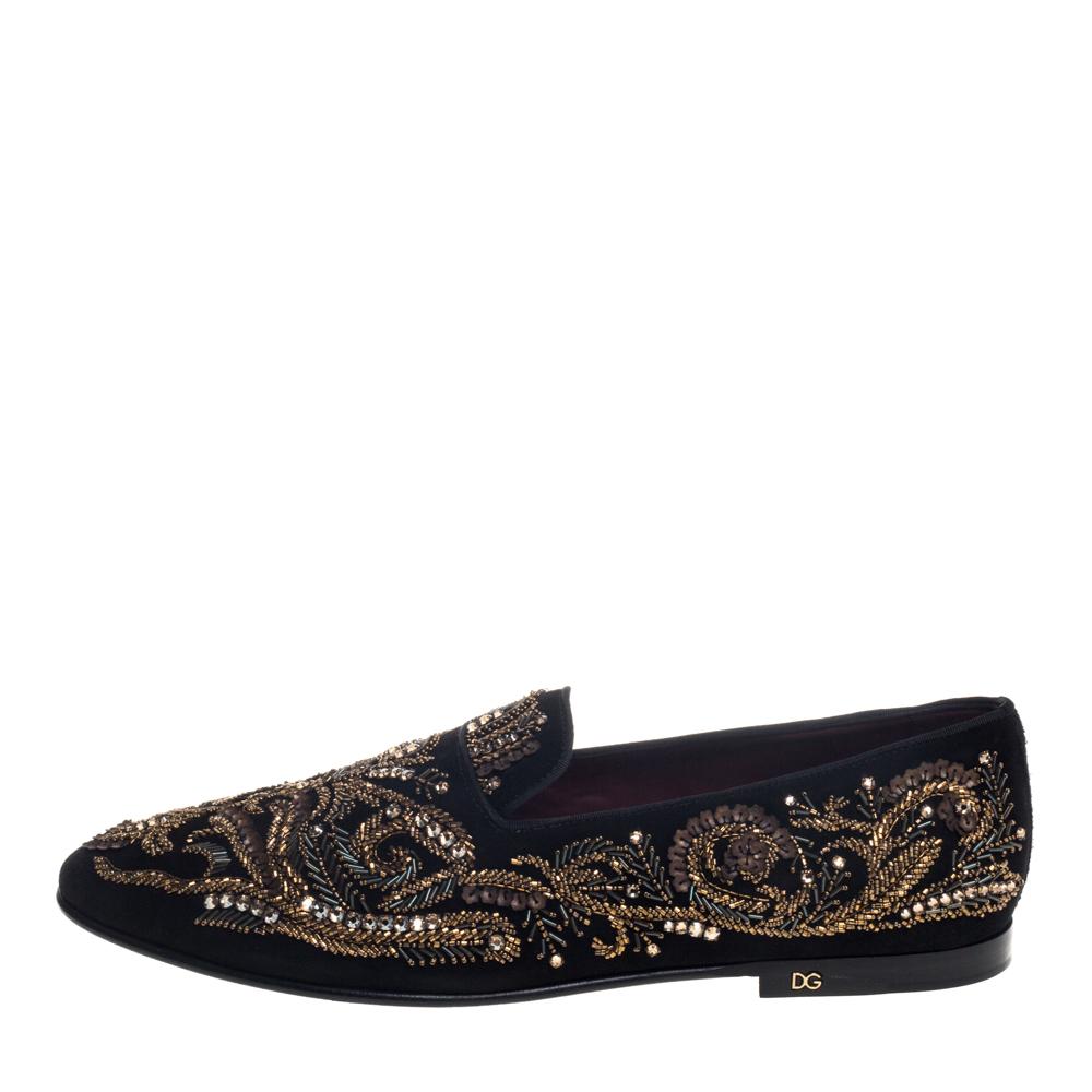 Dolce & Gabbana Black Suede Embellished Smoking Slippers Size 44 1