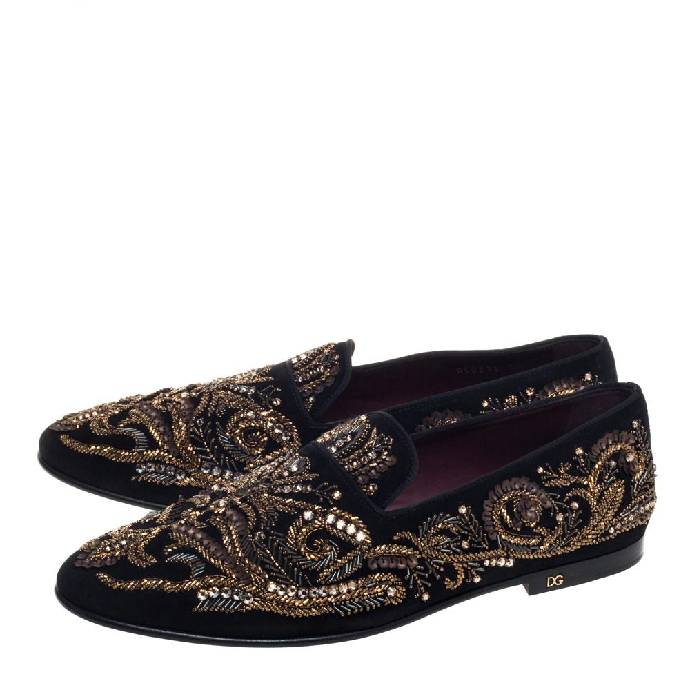Dolce & Gabbana Black Suede Embellished Smoking Slippers Size 44 3