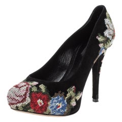 Dolce & Gabbana Black Suede Floral Embroidered Pumps Size 38
