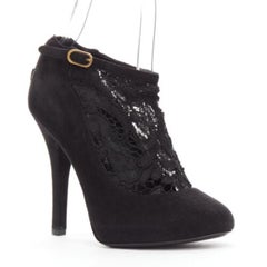 DOLCE GABBANA black suede floral lace ankle high heel ankle booties EU36
