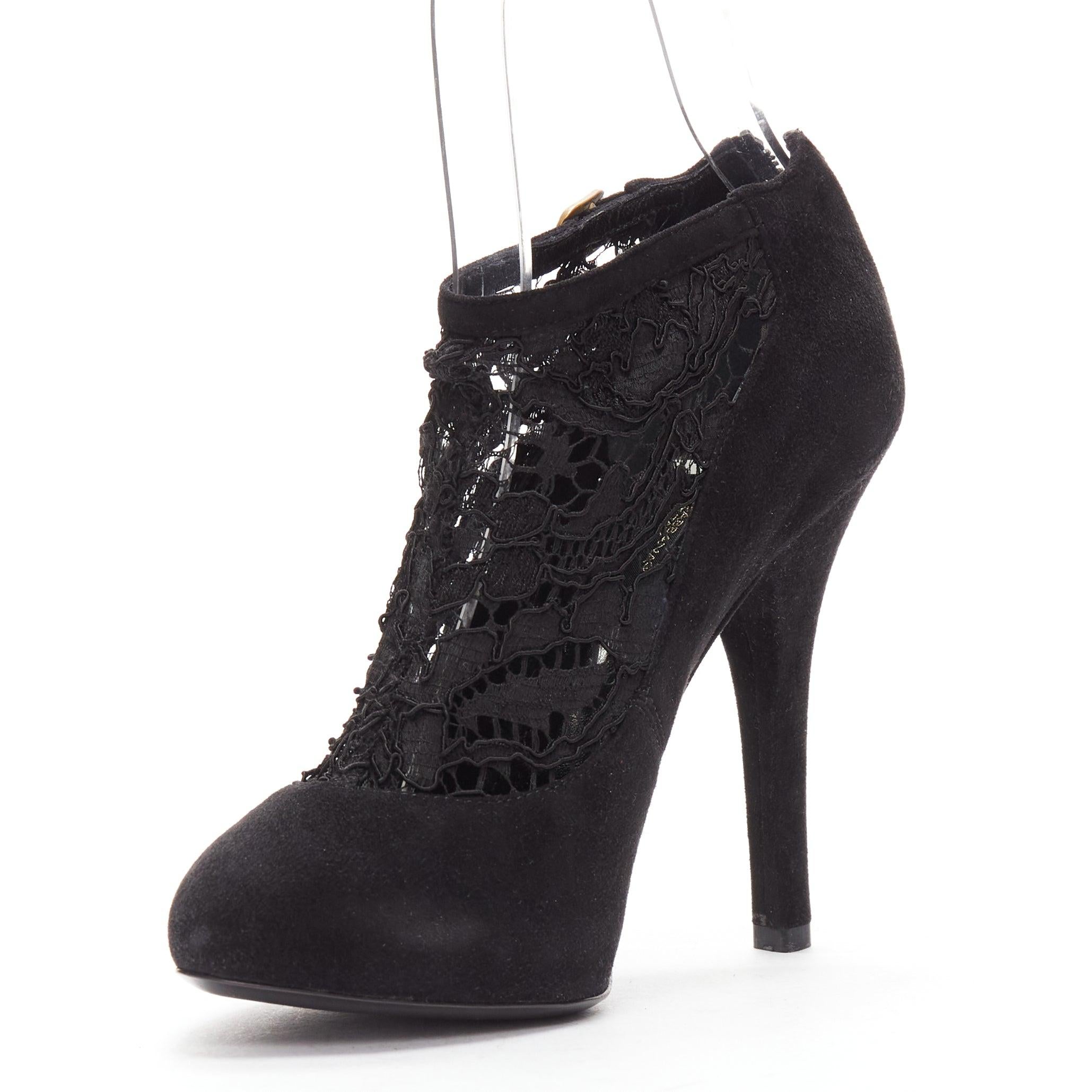 DOLCE GABBANA black suede floral lace ankle high heel ankle booties EU36 In Good Condition For Sale In Hong Kong, NT