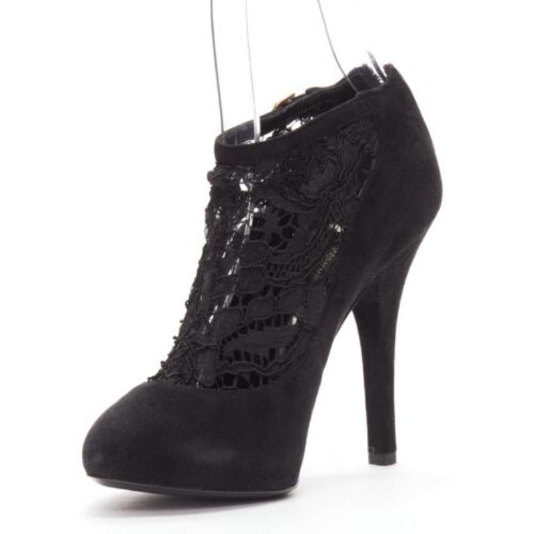 DOLCE GABBANA bottines à talon haut en daim noir et dentelle florale EU36 Bon état - En vente à Hong Kong, NT