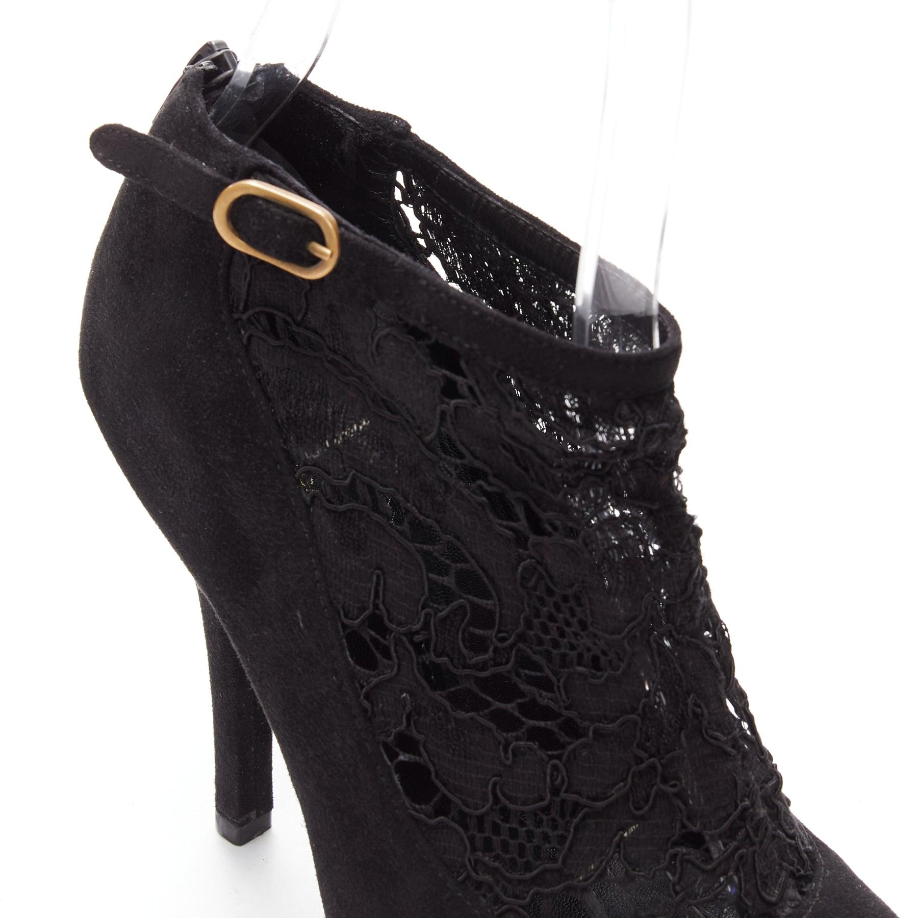 DOLCE GABBANA black suede floral lace ankle high heel ankle booties EU36 For Sale 2