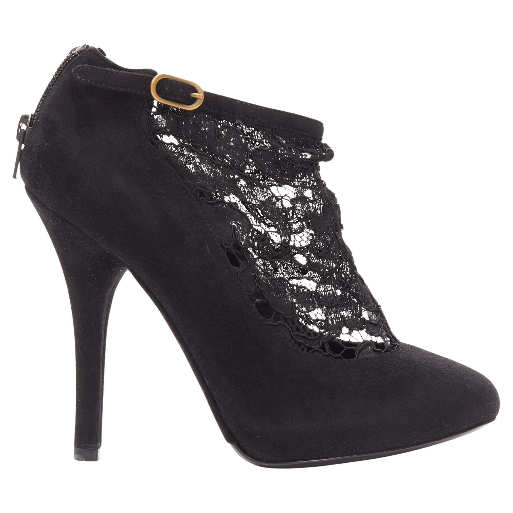DOLCE GABBANA black suede floral lace ankle high heel ankle booties EU36 For Sale