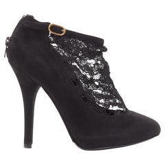DOLCE GABBANA black suede floral lace ankle high heel ankle booties EU36