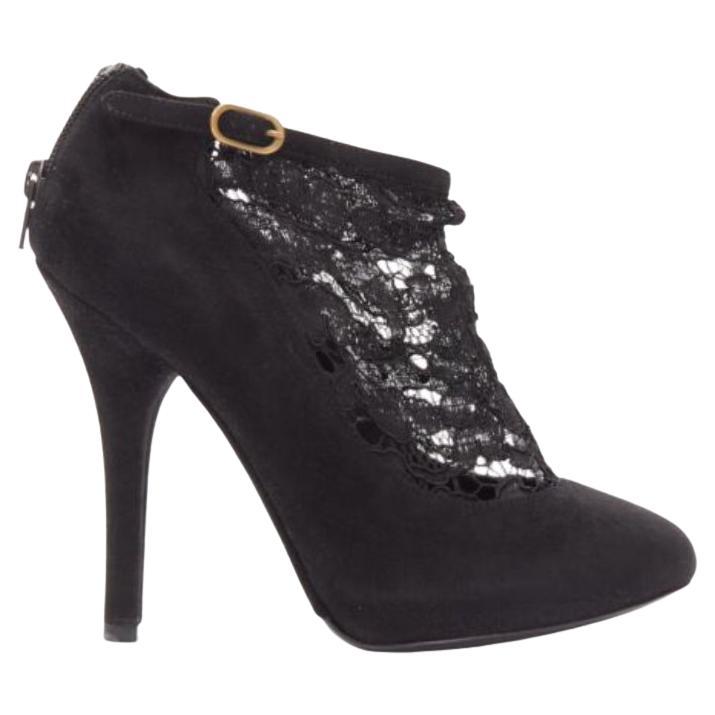 DOLCE GABBANA black suede floral lace ankle high heel ankle booties EU36