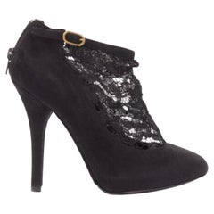 DOLCE GABBANA black suede floral lace ankle high heel ankle booties EU36