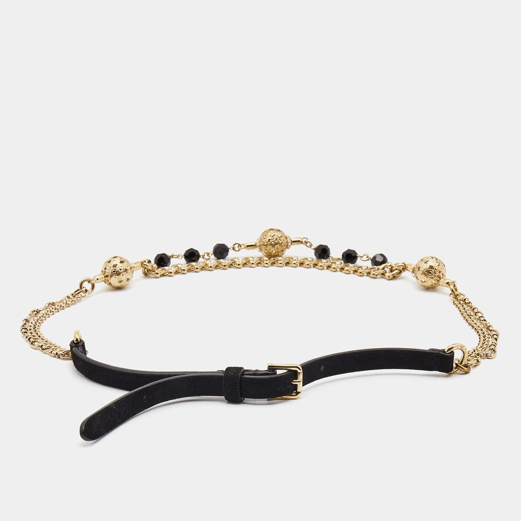 Beige Dolce & Gabbana Black Suede Gold Tone Beaded Chain Belt S