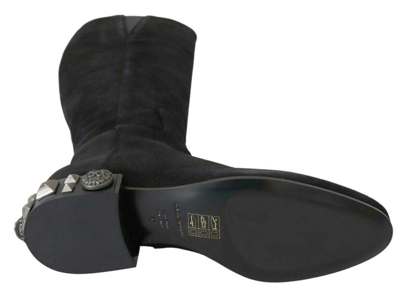 Dolce & Gabbana Black Suede Leather Flat Knee High Boots With Zipper DG Logo In New Condition For Sale In WELWYN, GB