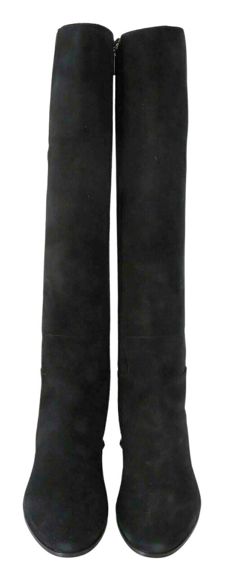 Dolce & Gabbana Black Suede Leather Flat Knee High Boots With Zipper DG Logo For Sale 1