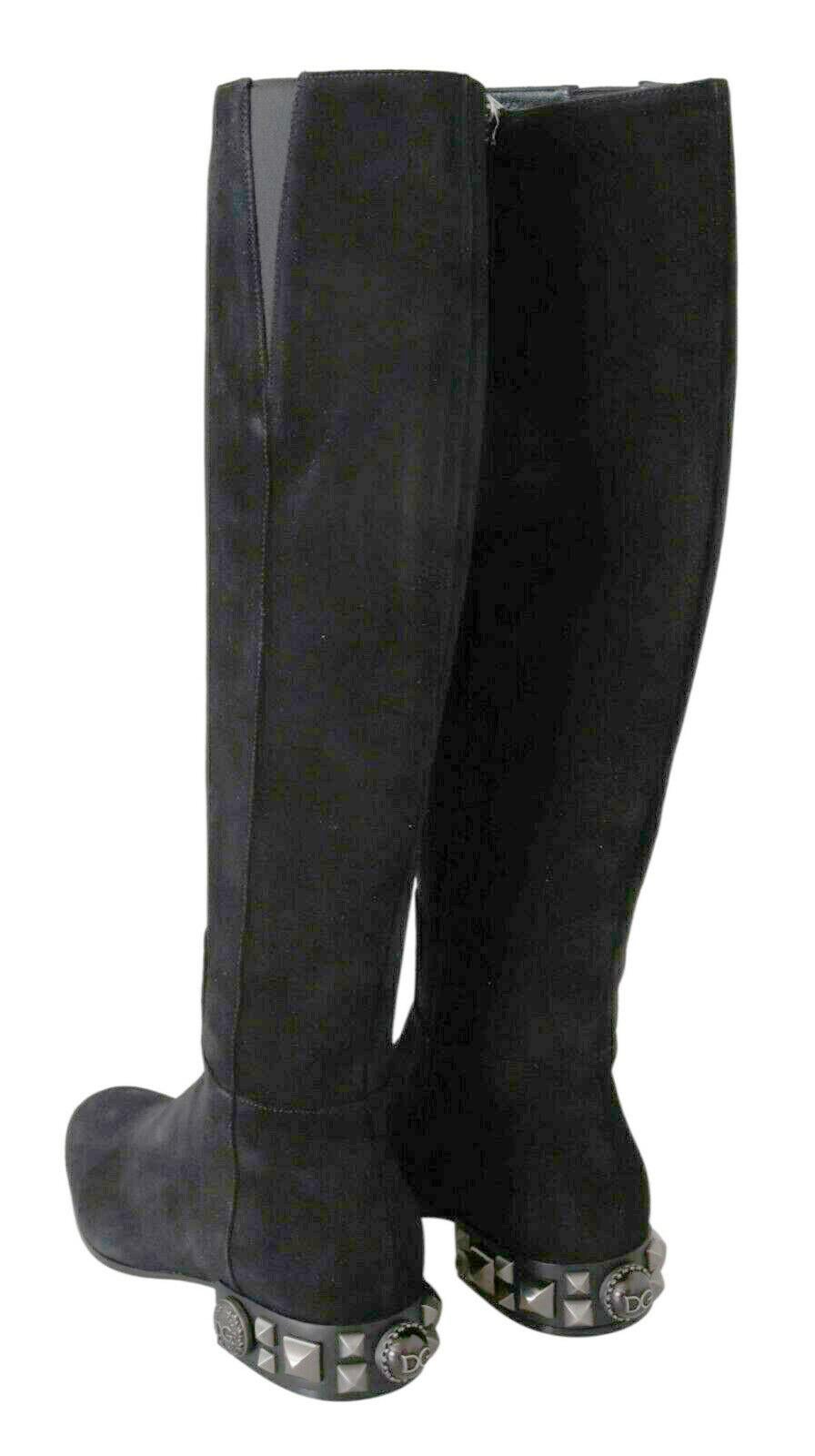 Dolce & Gabbana Black Suede Leather Flat Knee High Boots With Zipper DG Logo For Sale 3