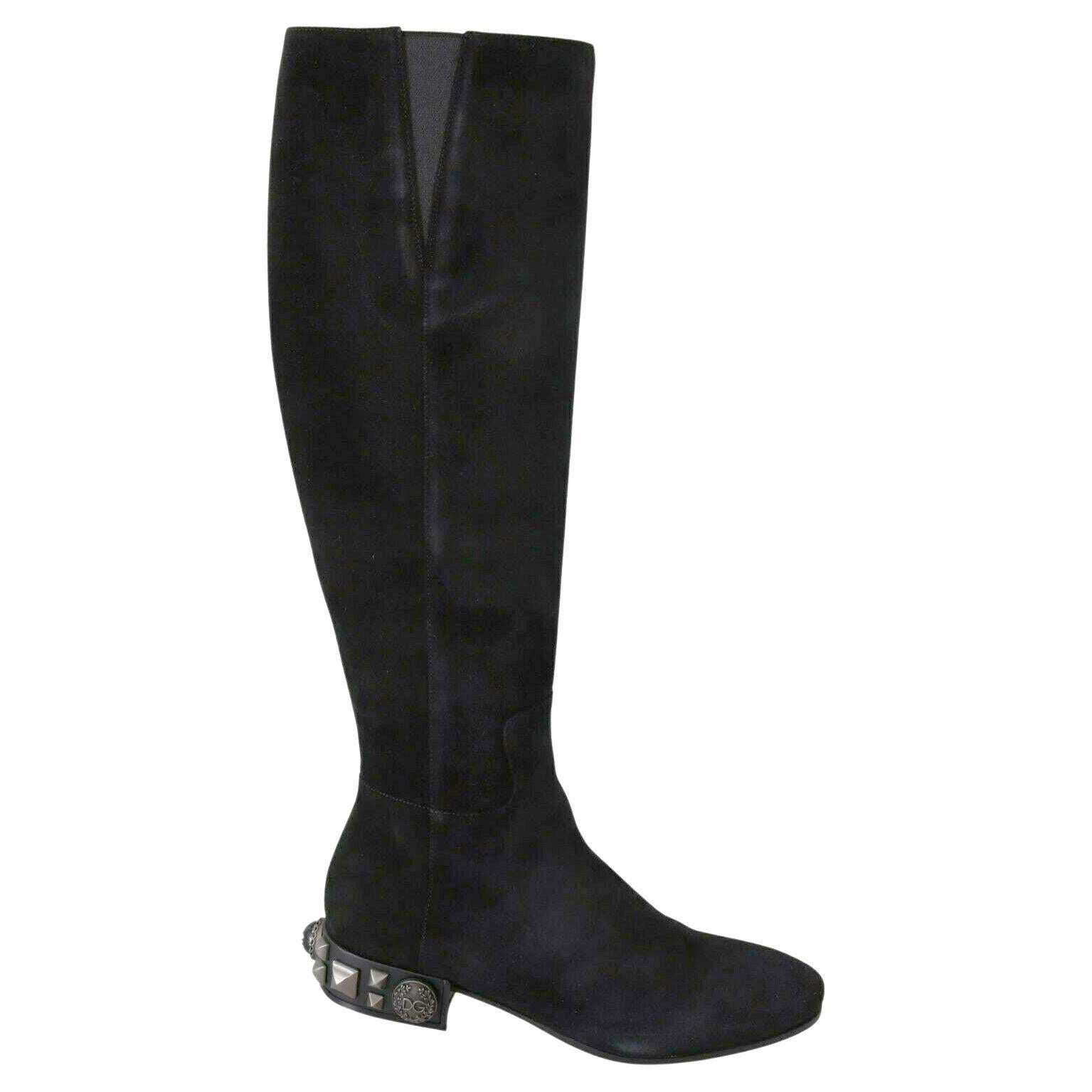 Dolce & Gabbana Black Suede Leather Flat Knee High Boots With Zipper DG Logo For Sale