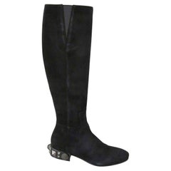 Dolce & Gabbana Black Suede Leather Flat Knee High Boots With Zipper DG Logo