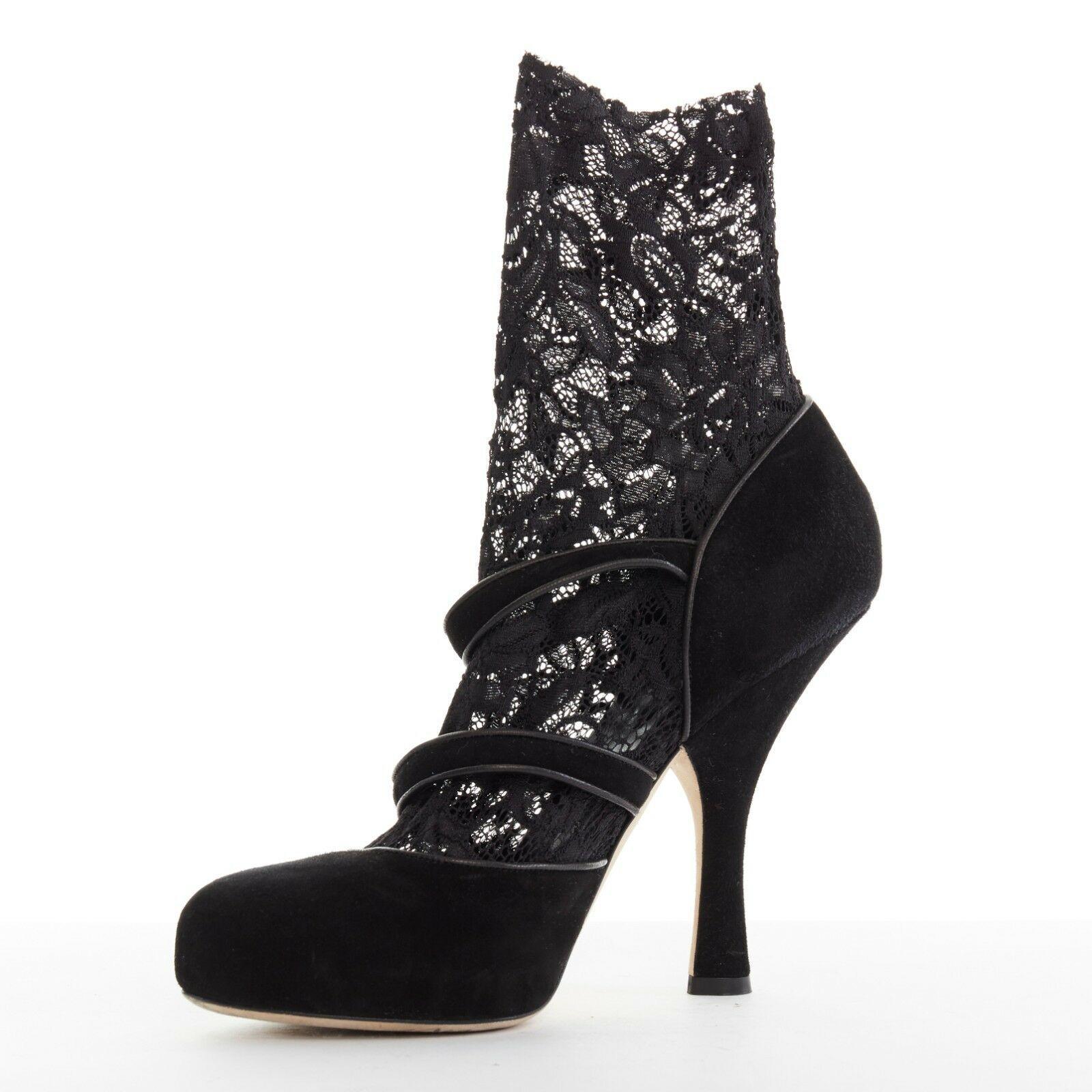 Women's DOLCE GABBANA black suede leather floral lace sock strappy high heel EU38 US8